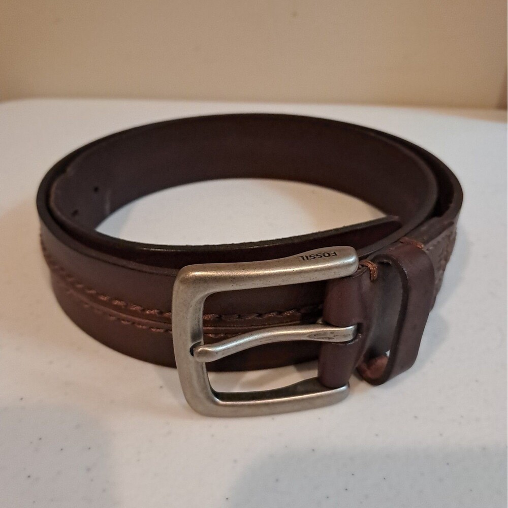 Leather Mens Fossil Theo Belt Double Stitch Design 36"